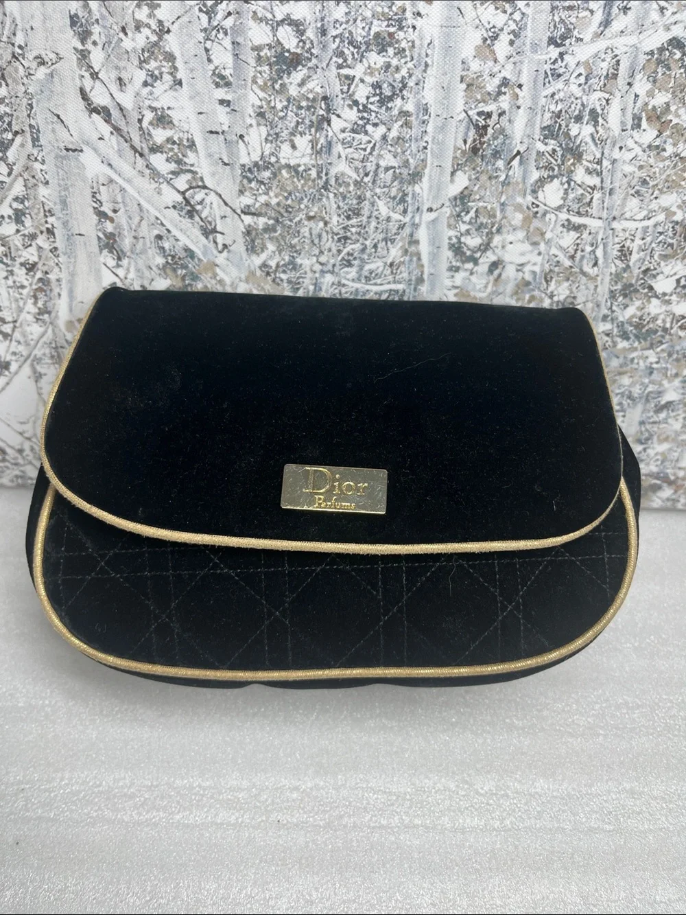 Dior Parfumes Black Velvet Quilted Clutch w/ Metallic Gold Pipe Trim